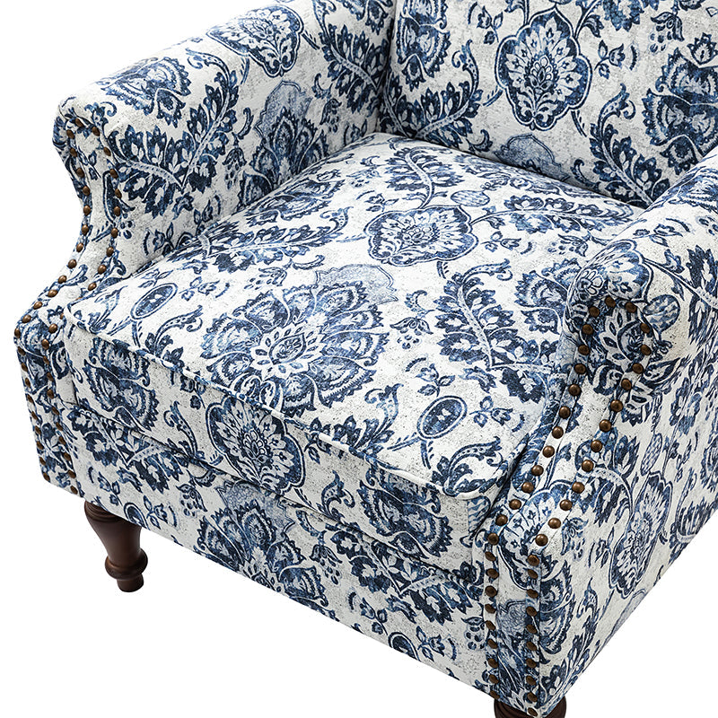 Fauteuil à oreilles avec garniture cloutée en cuivre, accoudoirs roulés, coussin d'assise amovible et pieds en bois massif de noyer tournés | Oiseau / Bleu marine / Noir / Moutarde / Beige / Vert | Monoplace