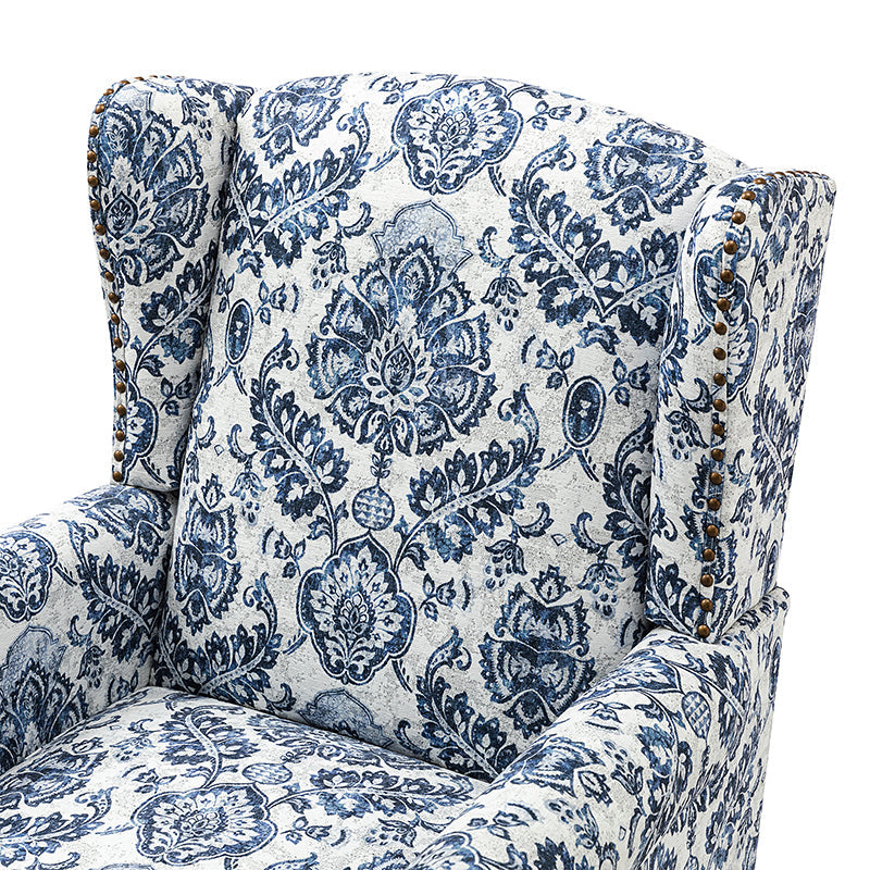 Fauteuil à oreilles avec garniture cloutée en cuivre, accoudoirs roulés, coussin d'assise amovible et pieds en bois massif de noyer tournés | Oiseau / Bleu marine / Noir / Moutarde / Beige / Vert | Monoplace