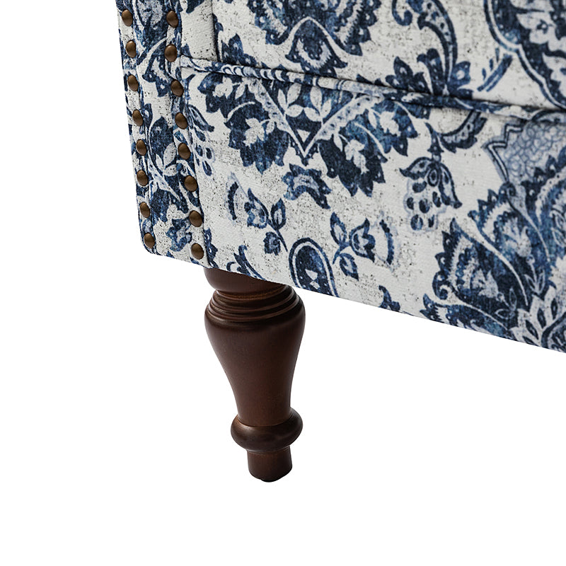 Fauteuil à oreilles avec garniture cloutée en cuivre, accoudoirs roulés, coussin d'assise amovible et pieds en bois massif de noyer tournés | Oiseau / Bleu marine / Noir / Moutarde / Beige / Vert | Monoplace