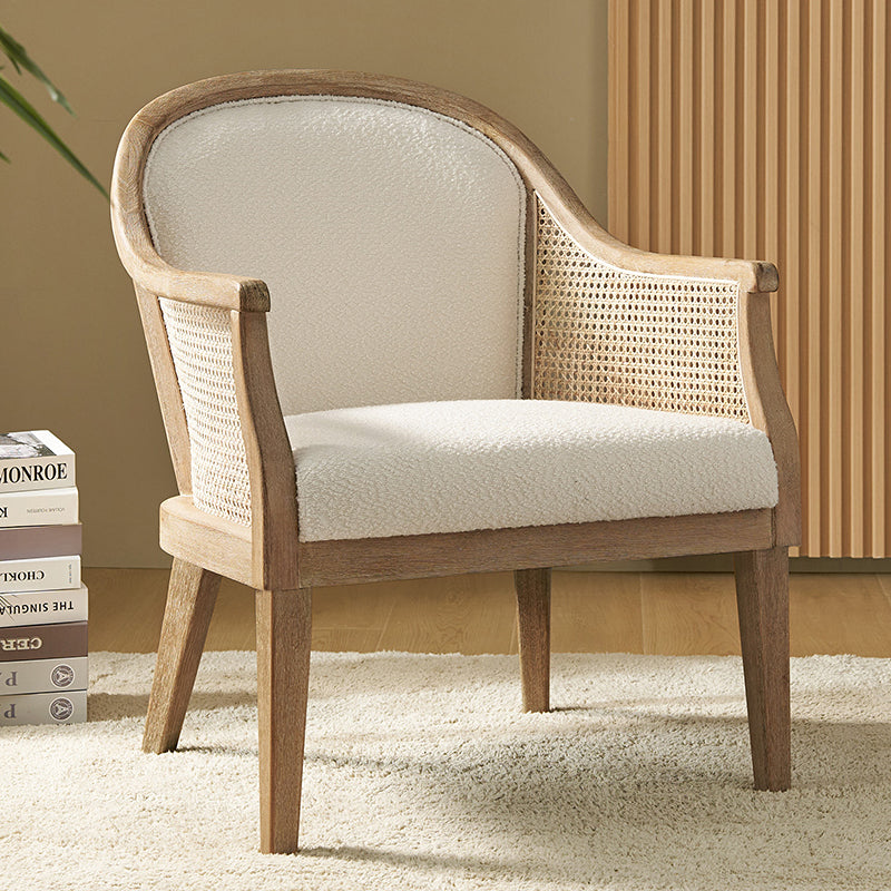 Fauteuil à accoudoirs en rotin avec panneau latéral, revêtement en tissu aspect lin, rembourrage en mousse et pieds en bois d'hévéa | Ligne / Ivoire | Siège simple