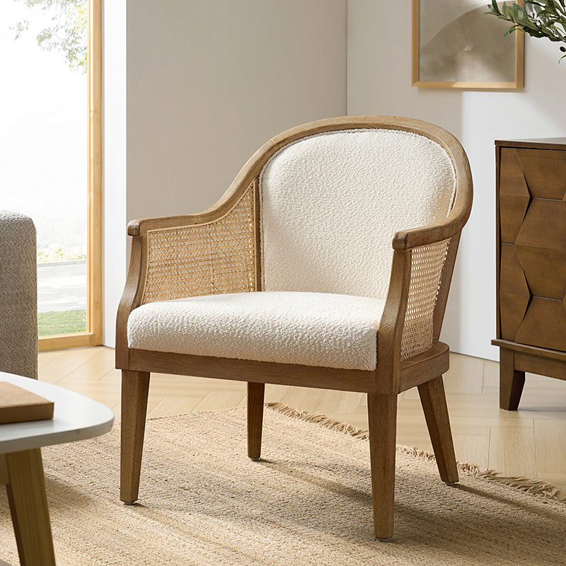 Fauteuil à accoudoirs en rotin avec panneau latéral, revêtement en tissu aspect lin, rembourrage en mousse et pieds en bois d'hévéa | Ligne / Ivoire | Siège simple