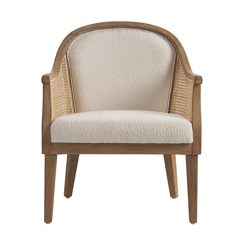 Fauteuil à accoudoirs en rotin avec panneau latéral, revêtement en tissu aspect lin, rembourrage en mousse et pieds en bois d'hévéa | Ligne / Ivoire | Siège simple