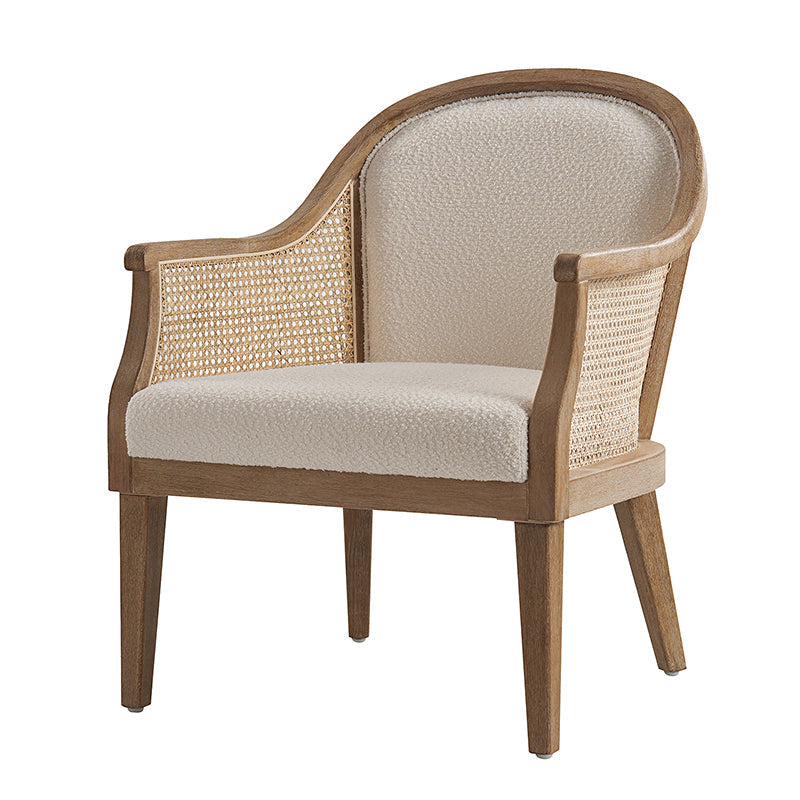 Fauteuil à accoudoirs en rotin avec panneau latéral, revêtement en tissu aspect lin, rembourrage en mousse et pieds en bois d'hévéa | Ligne / Ivoire | Siège simple