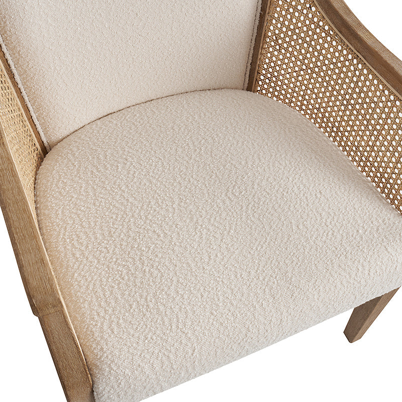 Fauteuil à accoudoirs en rotin avec panneau latéral, revêtement en tissu aspect lin, rembourrage en mousse et pieds en bois d'hévéa | Ligne / Ivoire | Siège simple