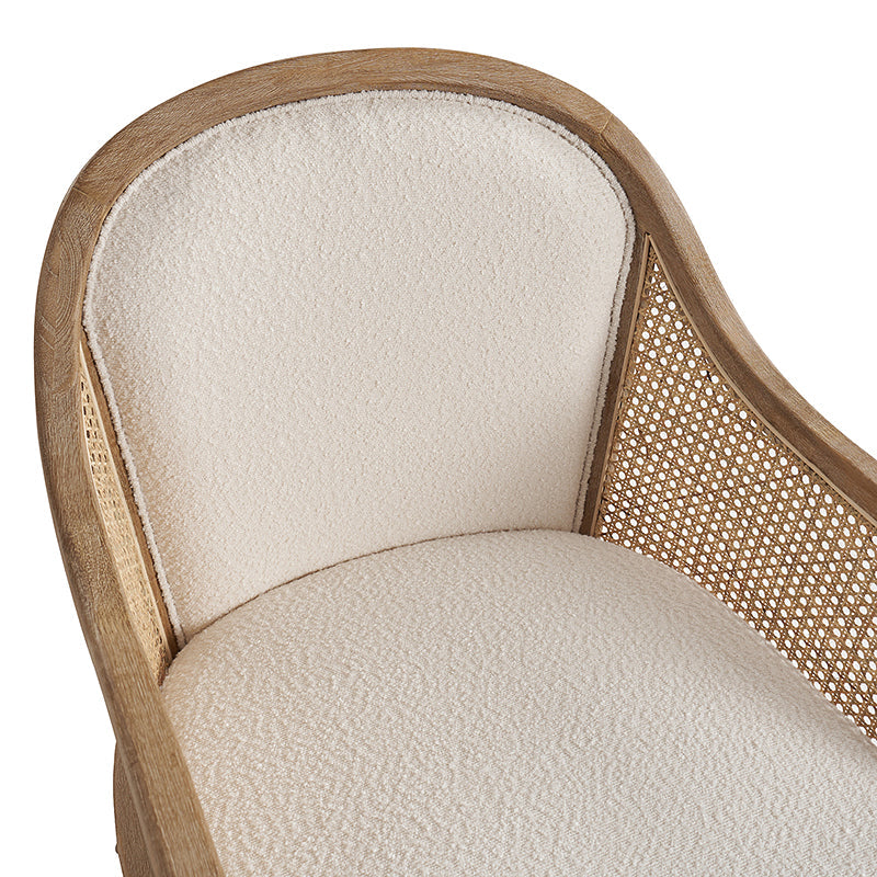 Fauteuil à accoudoirs en rotin avec panneau latéral, revêtement en tissu aspect lin, rembourrage en mousse et pieds en bois d'hévéa | Ligne / Ivoire | Siège simple