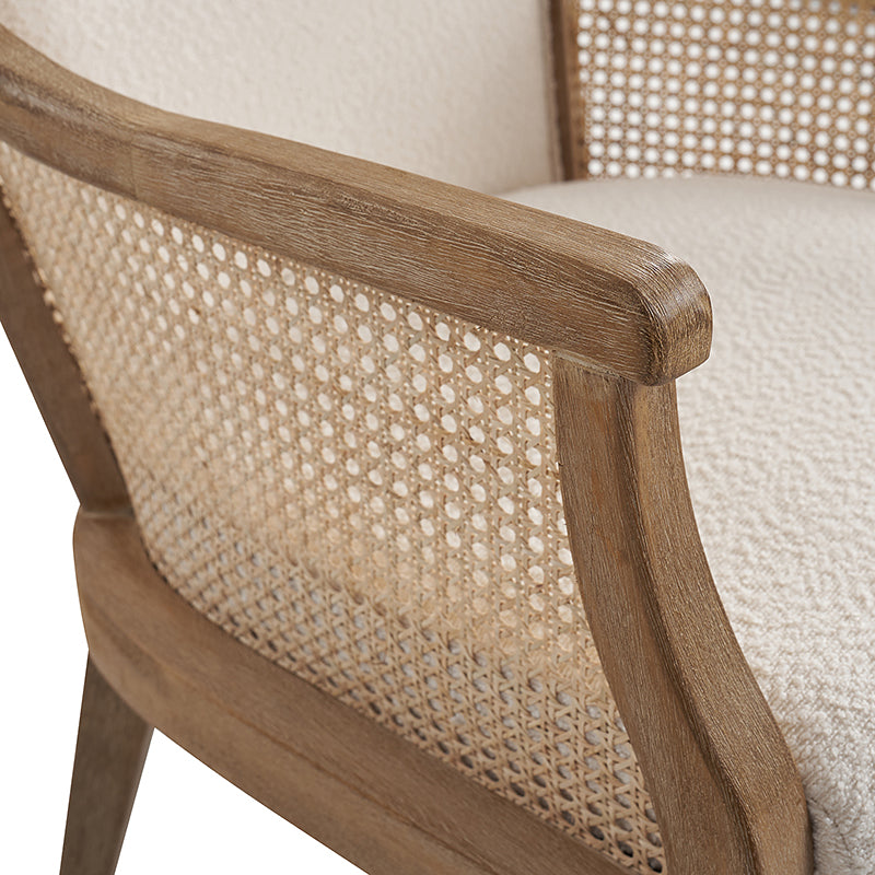 Fauteuil à accoudoirs en rotin avec panneau latéral, revêtement en tissu aspect lin, rembourrage en mousse et pieds en bois d'hévéa | Ligne / Ivoire | Siège simple