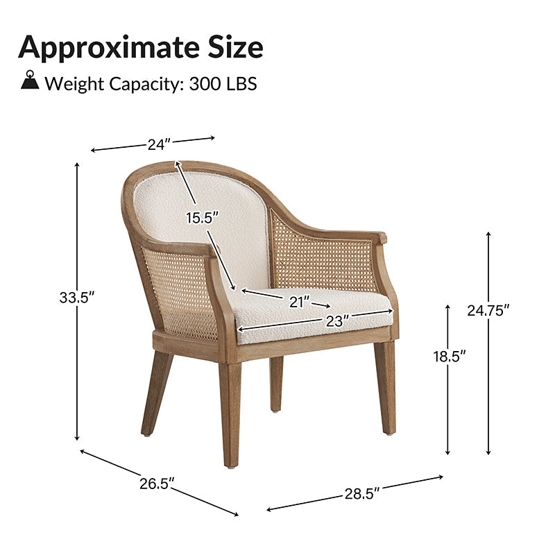 Fauteuil à accoudoirs en rotin avec panneau latéral, revêtement en tissu aspect lin, rembourrage en mousse et pieds en bois d'hévéa | Ligne / Ivoire | Siège simple