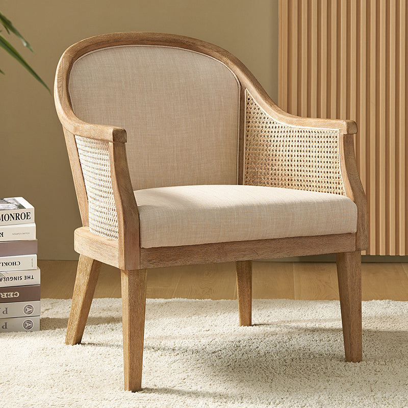 Fauteuil à accoudoirs en rotin avec panneau latéral, revêtement en tissu aspect lin, rembourrage en mousse et pieds en bois d'hévéa | Ligne / Ivoire | Siège simple