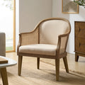 Fauteuil à accoudoirs en rotin avec panneau latéral, revêtement en tissu aspect lin, rembourrage en mousse et pieds en bois d'hévéa | Ligne / Ivoire | Siège simple