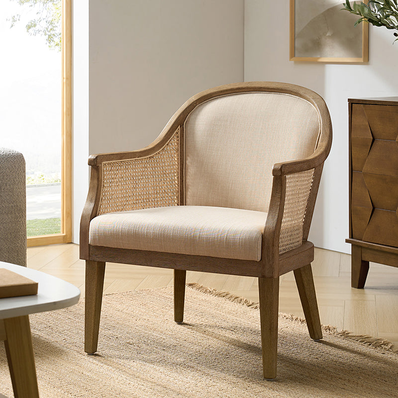 Fauteuil à accoudoirs en rotin avec panneau latéral, revêtement en tissu aspect lin, rembourrage en mousse et pieds en bois d'hévéa | Ligne / Ivoire | Siège simple