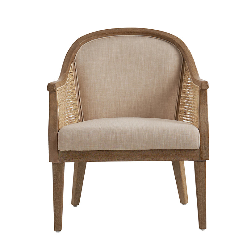 Fauteuil à accoudoirs en rotin avec panneau latéral, revêtement en tissu aspect lin, rembourrage en mousse et pieds en bois d'hévéa | Ligne / Ivoire | Siège simple