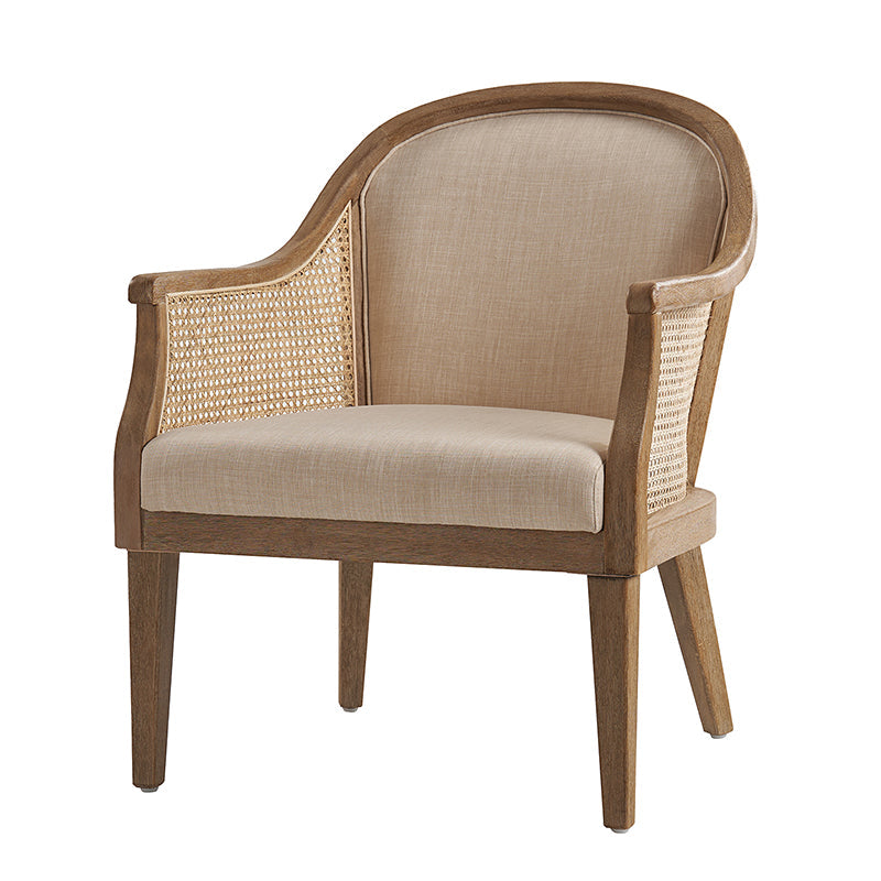 Fauteuil à accoudoirs en rotin avec panneau latéral, revêtement en tissu aspect lin, rembourrage en mousse et pieds en bois d'hévéa | Ligne / Ivoire | Siège simple