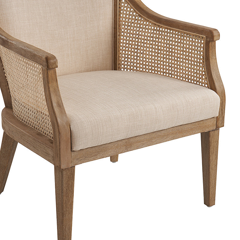 Fauteuil à accoudoirs en rotin avec panneau latéral, revêtement en tissu aspect lin, rembourrage en mousse et pieds en bois d'hévéa | Ligne / Ivoire | Siège simple