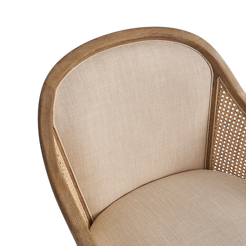 Fauteuil à accoudoirs en rotin avec panneau latéral, revêtement en tissu aspect lin, rembourrage en mousse et pieds en bois d'hévéa | Ligne / Ivoire | Siège simple