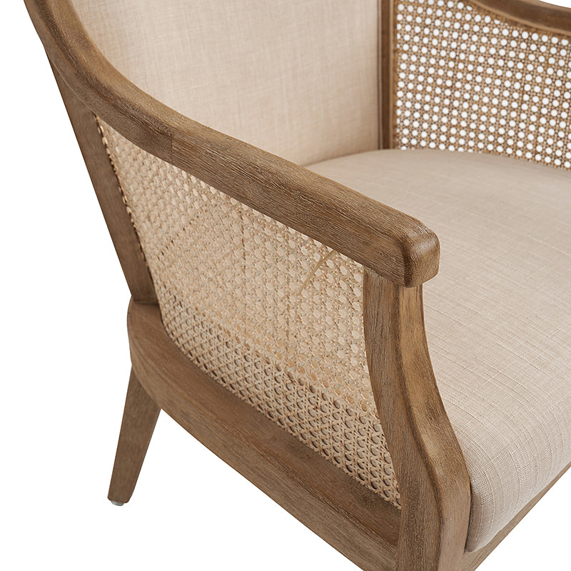 Fauteuil à accoudoirs en rotin avec panneau latéral, revêtement en tissu aspect lin, rembourrage en mousse et pieds en bois d'hévéa | Ligne / Ivoire | Siège simple