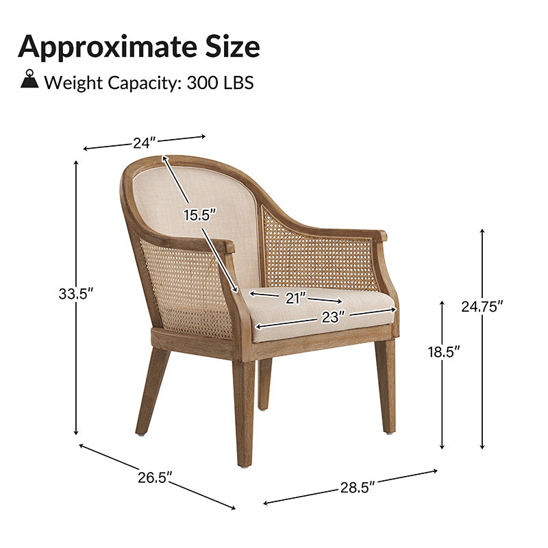 Fauteuil à accoudoirs en rotin avec panneau latéral, revêtement en tissu aspect lin, rembourrage en mousse et pieds en bois d'hévéa | Ligne / Ivoire | Siège simple