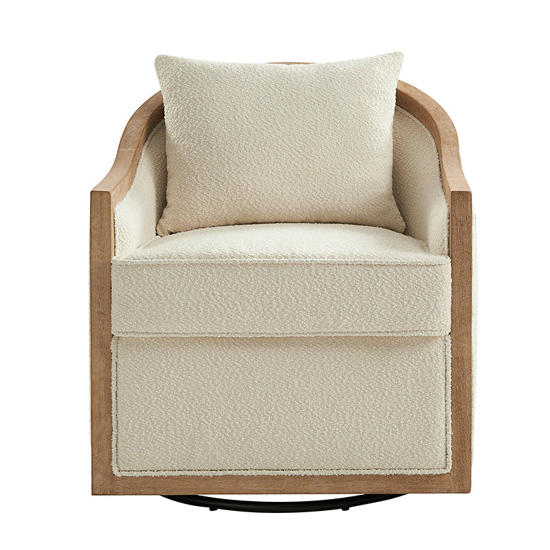 Fauteuil pivotant tonneau avec accoudoirs bas et bordure en bois massif | Ivoire | Monoplace