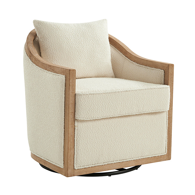 Fauteuil pivotant tonneau avec accoudoirs bas et bordure en bois massif | Ivoire | Monoplace