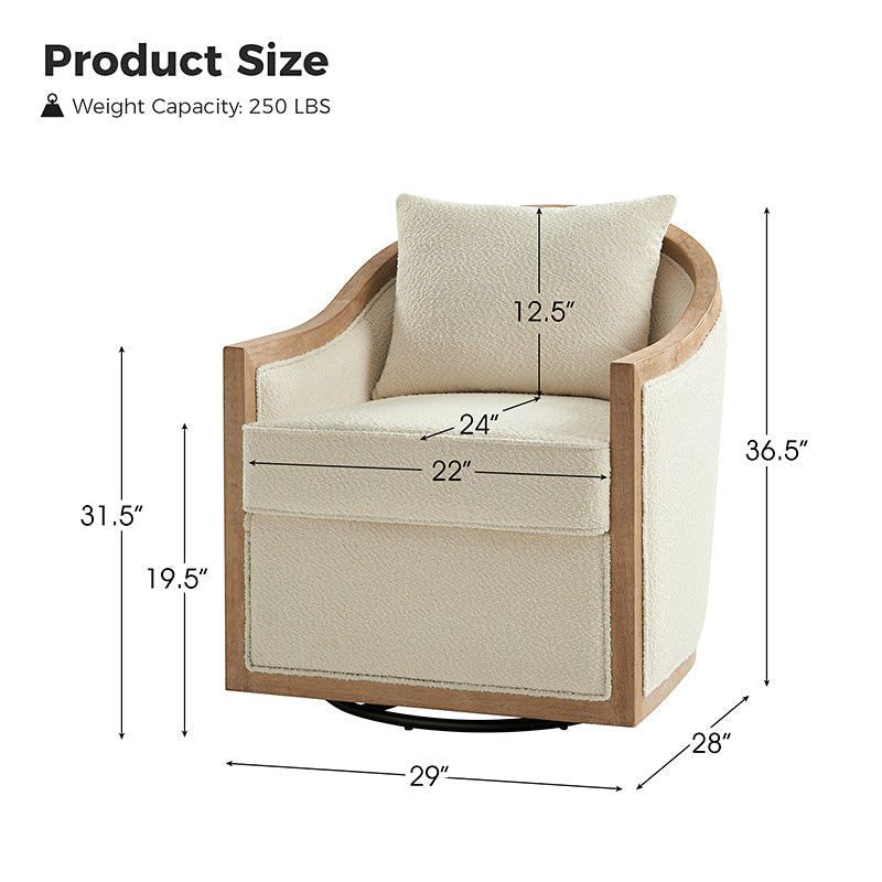 Fauteuil pivotant tonneau avec accoudoirs bas et bordure en bois massif | Ivoire | Monoplace