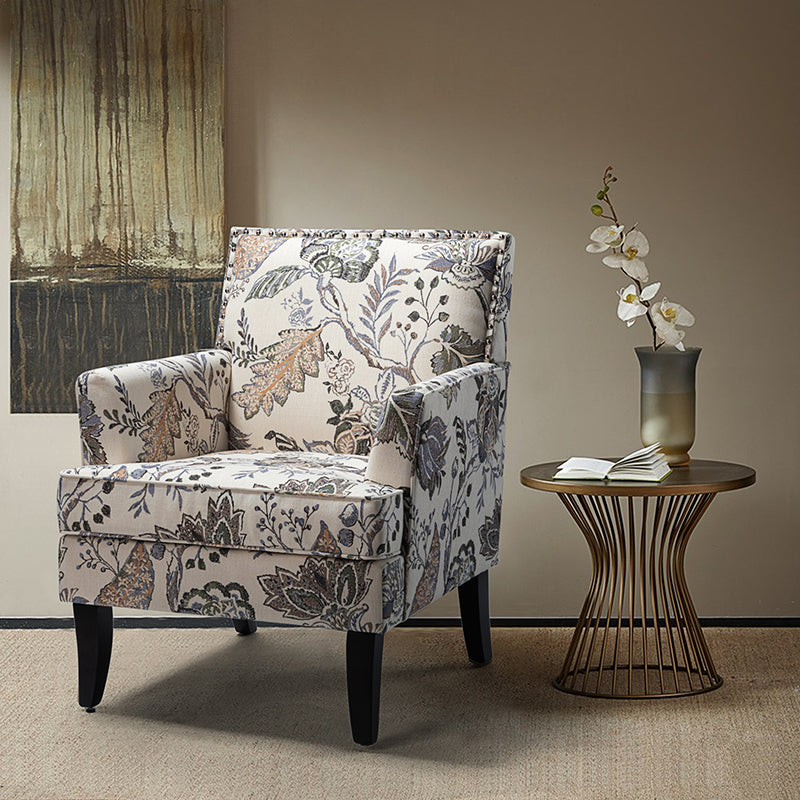 Club Chair Armchair with Nailhead Trim, Track Arms & Removable Seat Cushion | Blue Floral / Grey Stripe / Blue Stripe / Buffalo Beige / Red Floral / Black Stripe / Orange / Red Stripe / Buffalo Navy / Buffalo Black | Single Seat