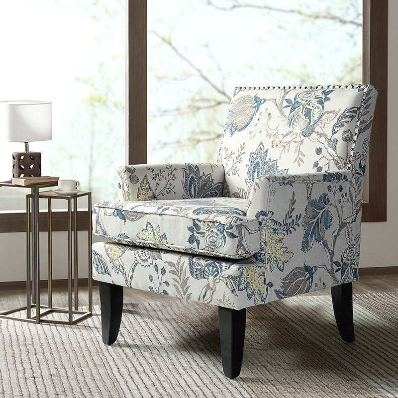 Club Chair Armchair with Nailhead Trim, Track Arms & Removable Seat Cushion | Blue Floral / Grey Stripe / Blue Stripe / Buffalo Beige / Red Floral / Black Stripe / Orange / Red Stripe / Buffalo Navy / Buffalo Black | Single Seat