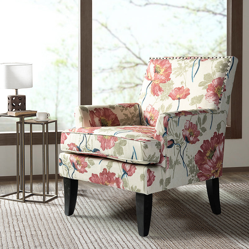Club Chair Armchair with Nailhead Trim, Track Arms & Removable Seat Cushion | Blue Floral / Grey Stripe / Blue Stripe / Buffalo Beige / Red Floral / Black Stripe / Orange / Red Stripe / Buffalo Navy / Buffalo Black | Single Seat