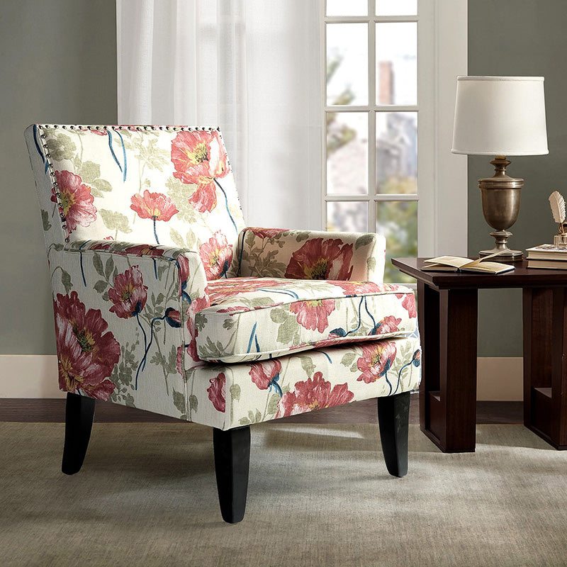 Club Chair Armchair with Nailhead Trim, Track Arms & Removable Seat Cushion | Blue Floral / Grey Stripe / Blue Stripe / Buffalo Beige / Red Floral / Black Stripe / Orange / Red Stripe / Buffalo Navy / Buffalo Black | Single Seat