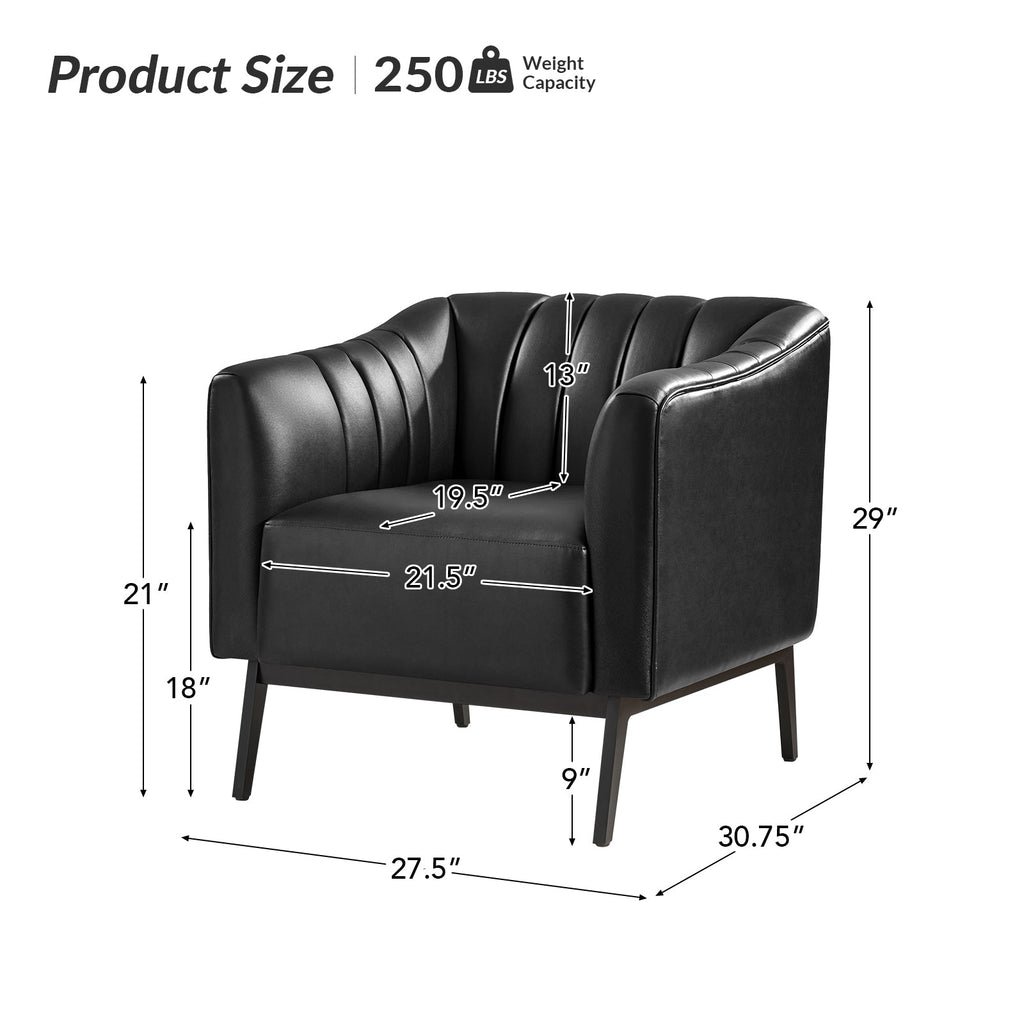 Fauteuil en similicuir à dossier capitonné vertical avec rembourrage en mousse et pieds en métal noir | Camel / Gris / Noir / Marron / Bleu marine | Siège individuel