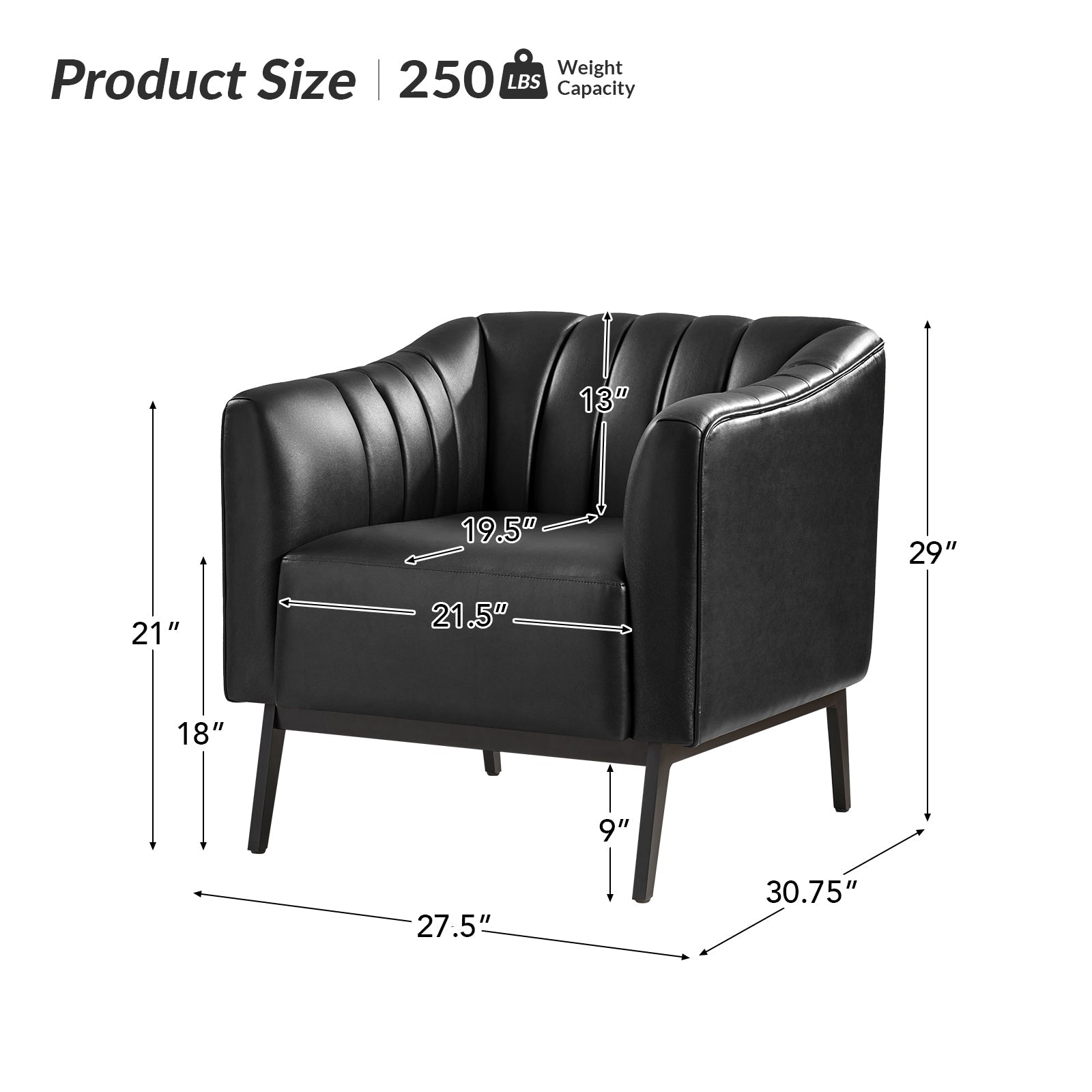 Fauteuil en similicuir à dossier capitonné vertical avec rembourrage en mousse et pieds en métal noir | Camel / Gris / Noir / Marron / Bleu marine | Siège individuel