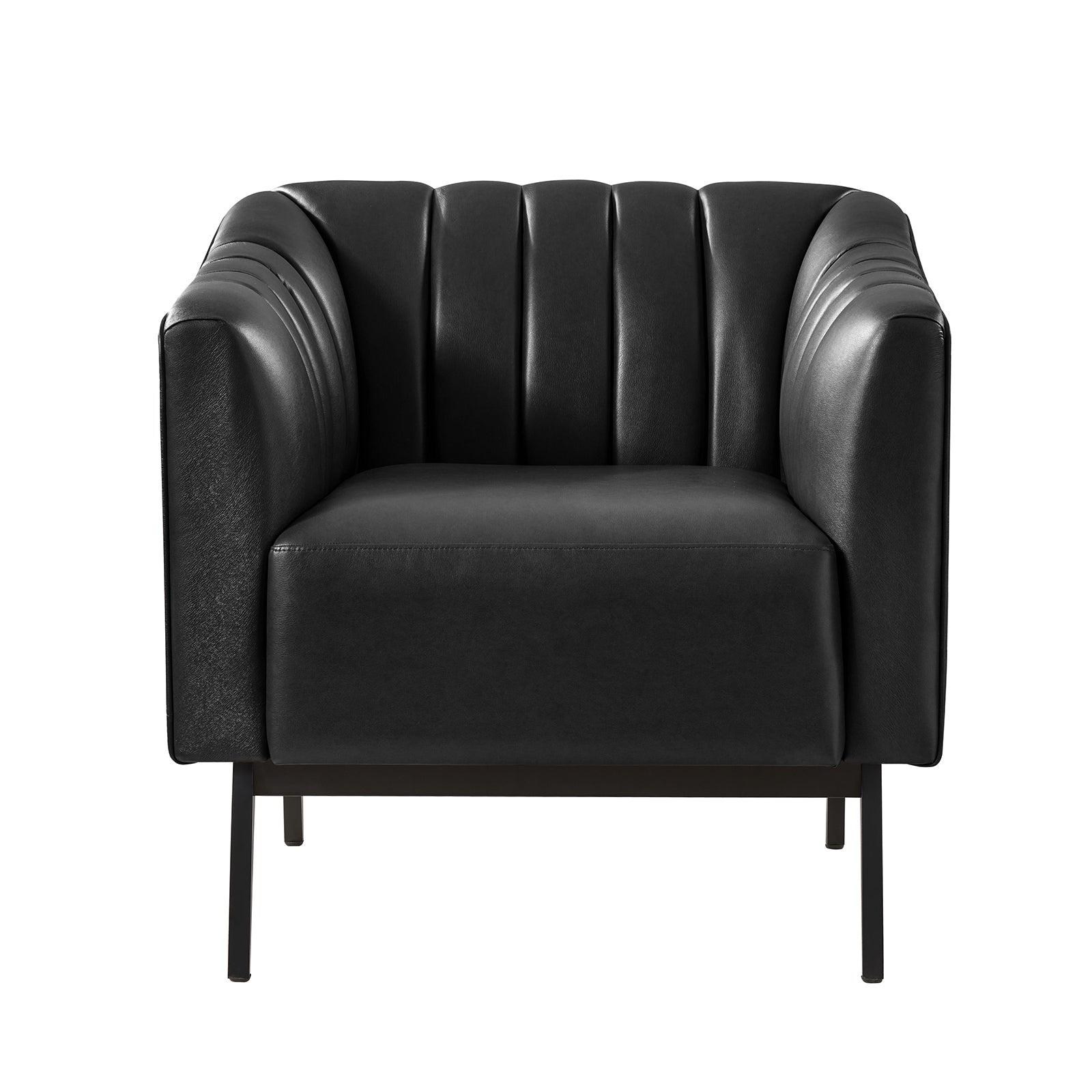 Fauteuil en similicuir à dossier capitonné vertical avec rembourrage en mousse et pieds en métal noir | Camel / Gris / Noir / Marron / Bleu marine | Siège individuel