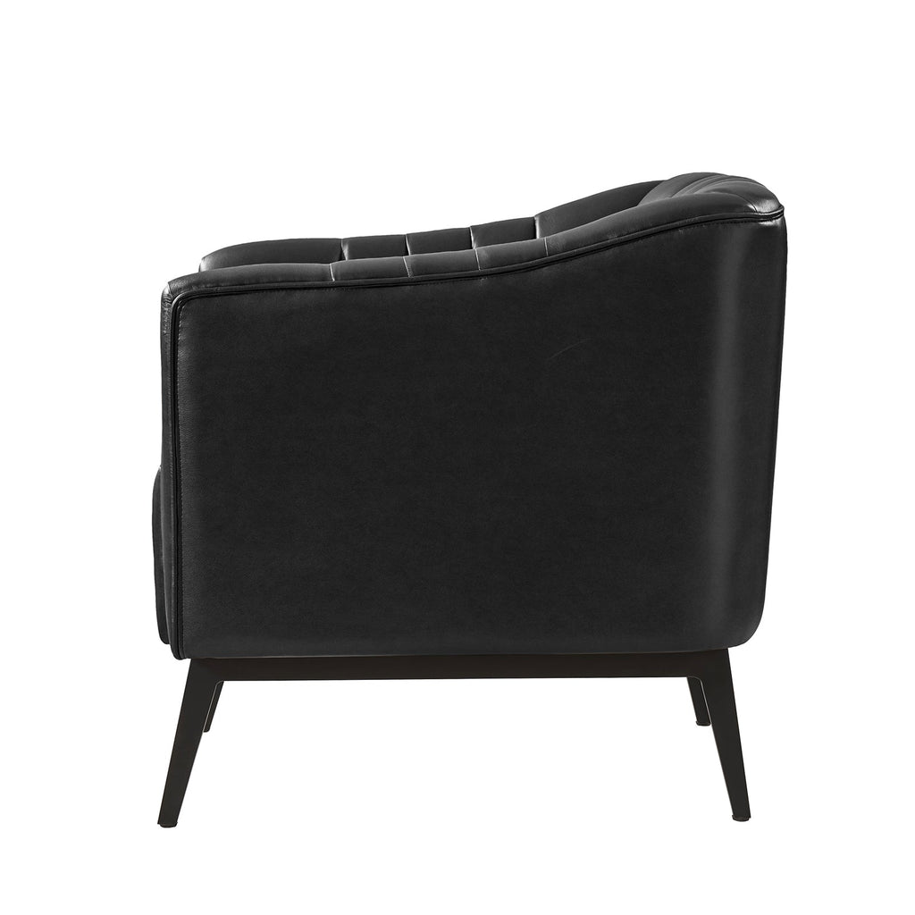 Fauteuil en similicuir à dossier capitonné vertical avec rembourrage en mousse et pieds en métal noir | Camel / Gris / Noir / Marron / Bleu marine | Siège individuel