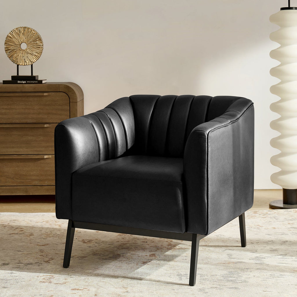 Fauteuil en similicuir à dossier capitonné vertical avec rembourrage en mousse et pieds en métal noir | Camel / Gris / Noir / Marron / Bleu marine | Siège individuel