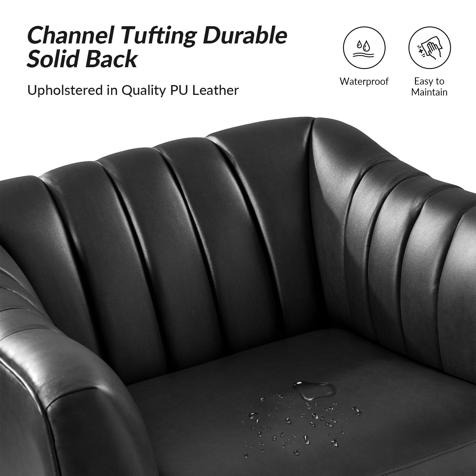 Fauteuil en similicuir à dossier capitonné vertical avec rembourrage en mousse et pieds en métal noir | Camel / Gris / Noir / Marron / Bleu marine | Siège individuel