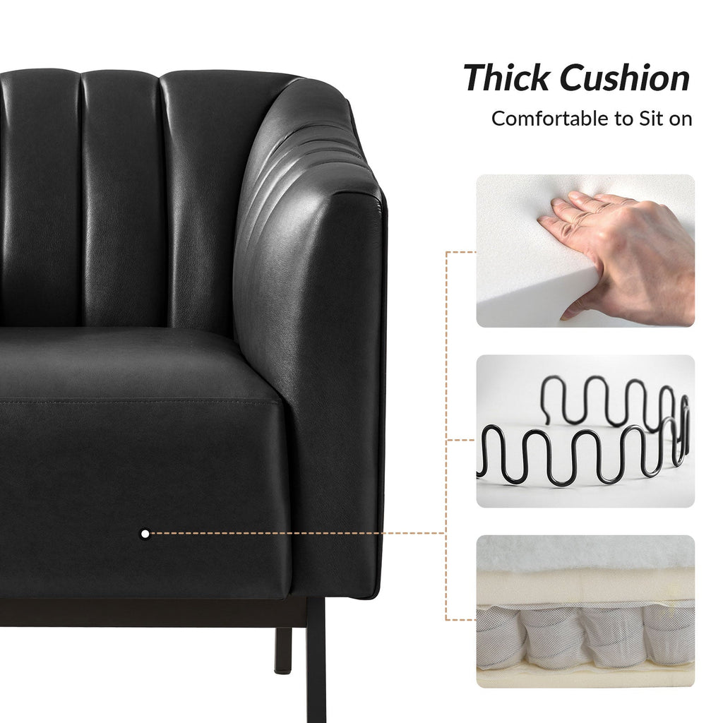 Fauteuil en similicuir à dossier capitonné vertical avec rembourrage en mousse et pieds en métal noir | Camel / Gris / Noir / Marron / Bleu marine | Siège individuel