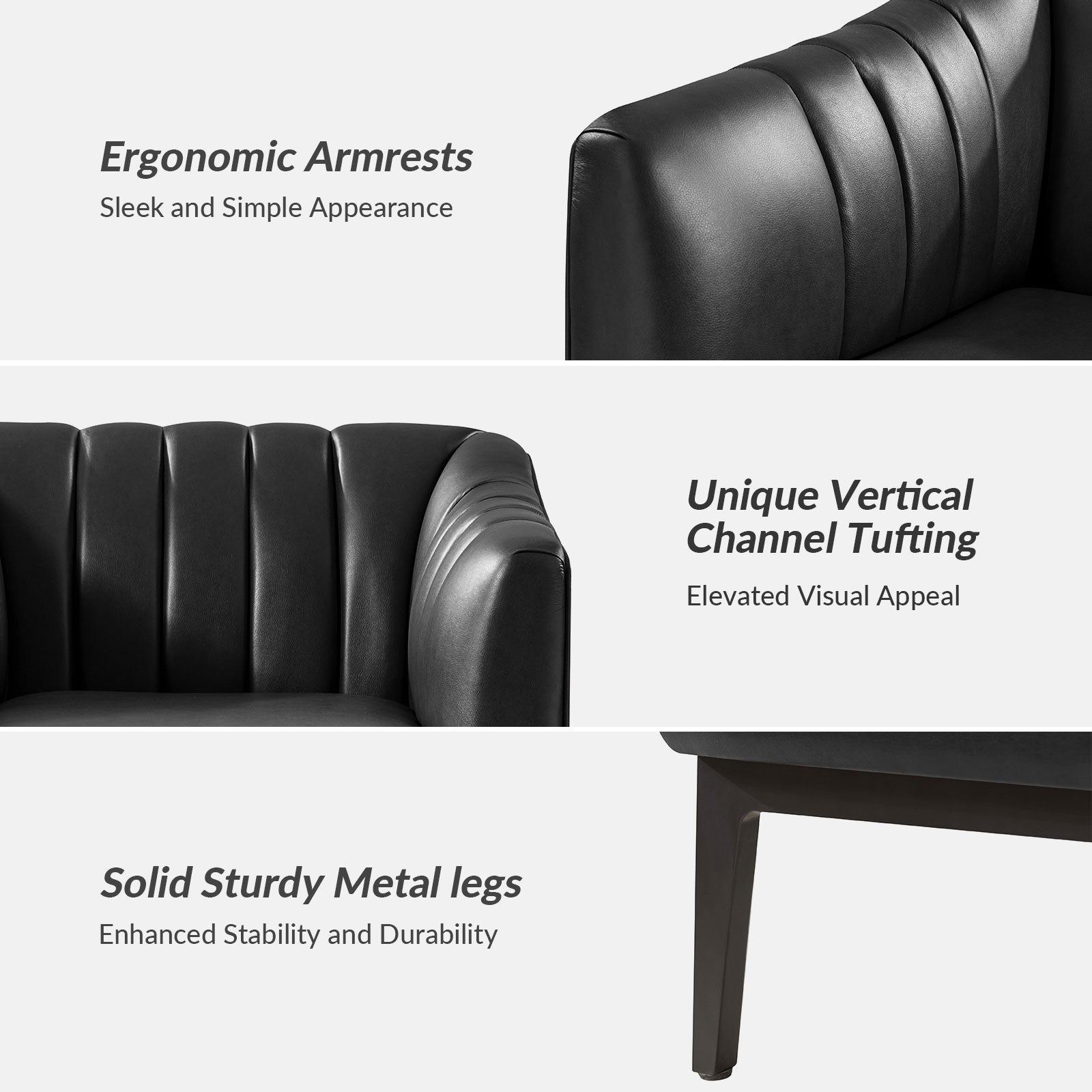 Fauteuil en similicuir à dossier capitonné vertical avec rembourrage en mousse et pieds en métal noir | Camel / Gris / Noir / Marron / Bleu marine | Siège individuel
