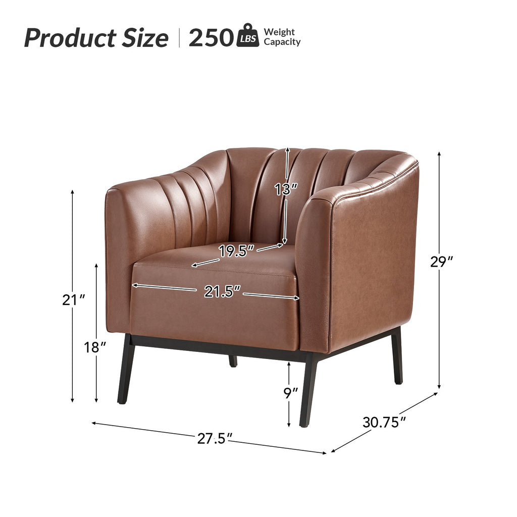 Fauteuil en similicuir à dossier capitonné vertical avec rembourrage en mousse et pieds en métal noir | Camel / Gris / Noir / Marron / Bleu marine | Siège individuel