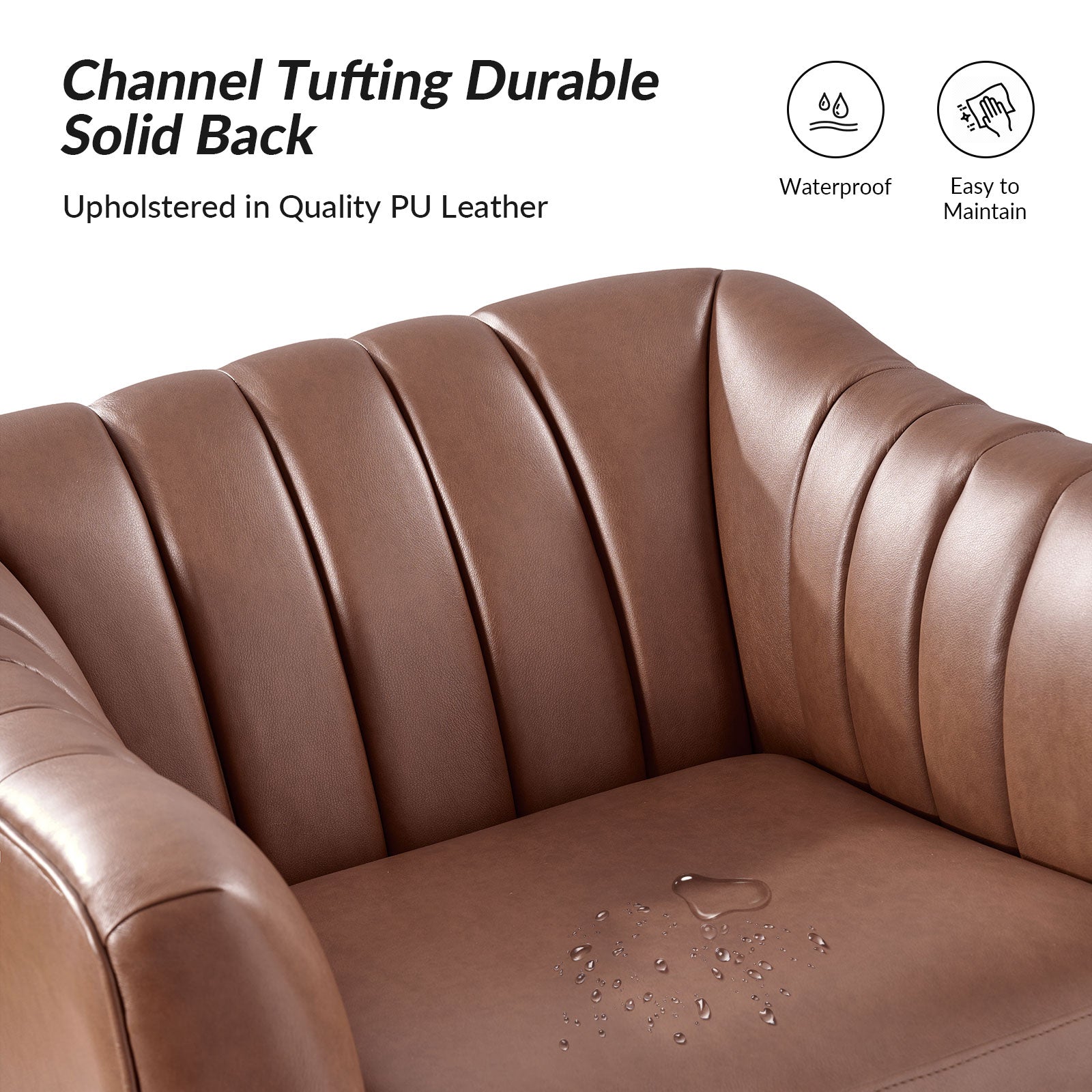 Fauteuil en similicuir à dossier capitonné vertical avec rembourrage en mousse et pieds en métal noir | Camel / Gris / Noir / Marron / Bleu marine | Siège individuel