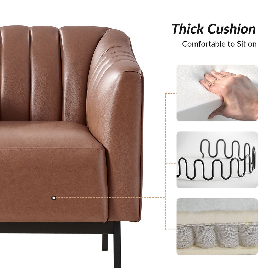 Fauteuil en similicuir à dossier capitonné vertical avec rembourrage en mousse et pieds en métal noir | Camel / Gris / Noir / Marron / Bleu marine | Siège individuel