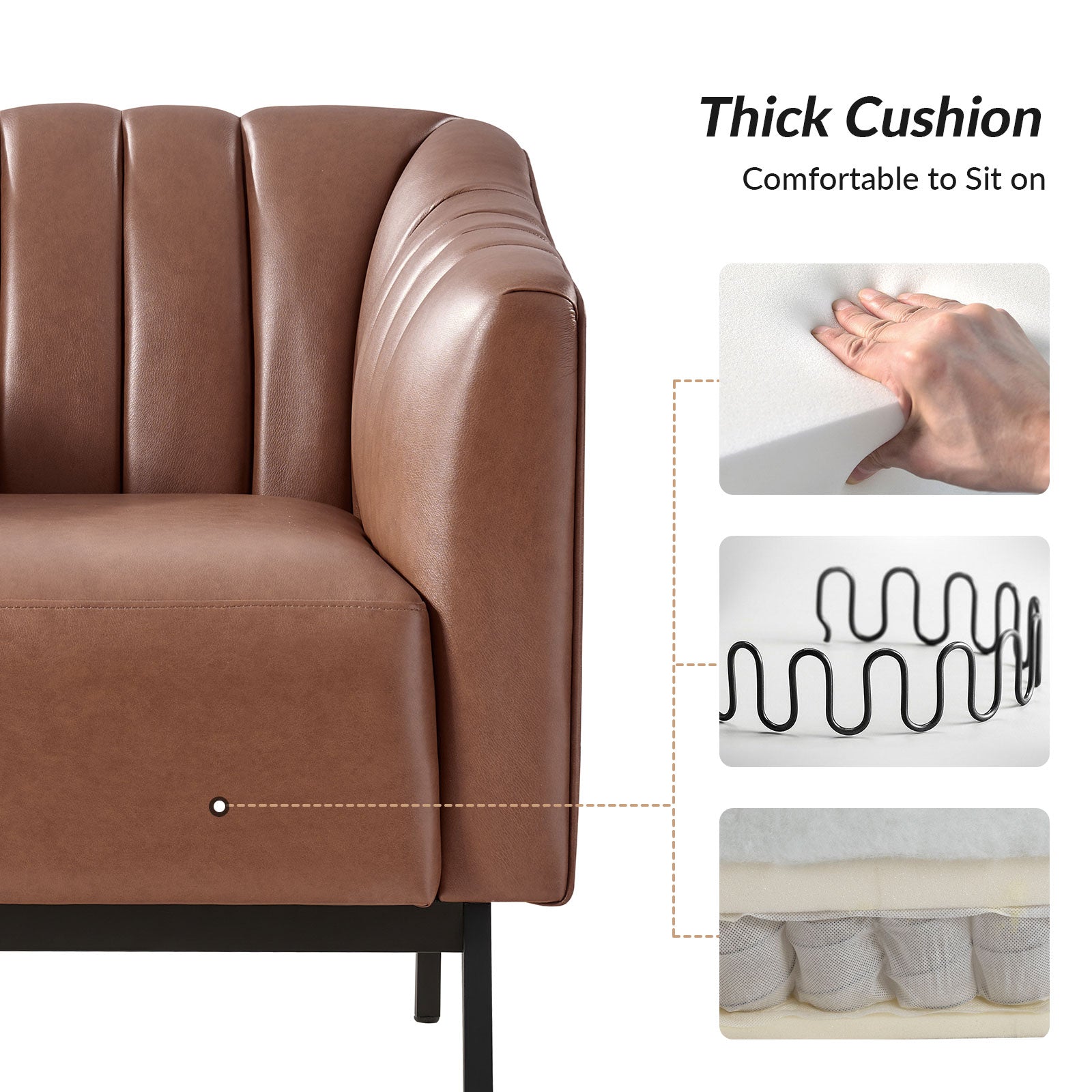 Fauteuil en similicuir à dossier capitonné vertical avec rembourrage en mousse et pieds en métal noir | Camel / Gris / Noir / Marron / Bleu marine | Siège individuel