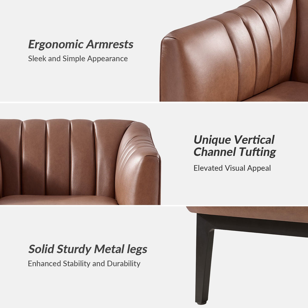 Fauteuil en similicuir à dossier capitonné vertical avec rembourrage en mousse et pieds en métal noir | Camel / Gris / Noir / Marron / Bleu marine | Siège individuel