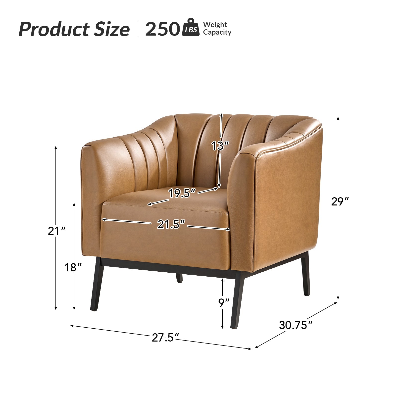 Fauteuil en similicuir à dossier capitonné vertical avec rembourrage en mousse et pieds en métal noir | Camel / Gris / Noir / Marron / Bleu marine | Siège individuel