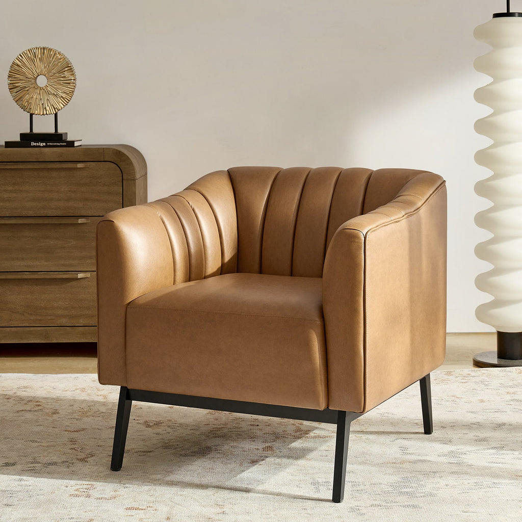 Fauteuil en similicuir à dossier capitonné vertical avec rembourrage en mousse et pieds en métal noir | Camel / Gris / Noir / Marron / Bleu marine | Siège individuel