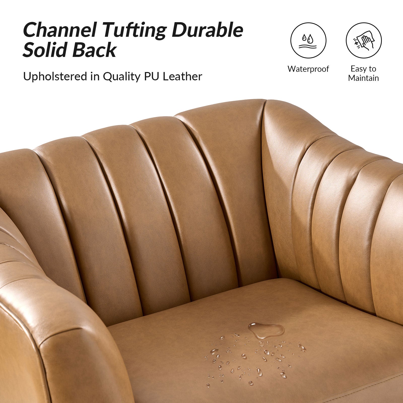 Fauteuil en similicuir à dossier capitonné vertical avec rembourrage en mousse et pieds en métal noir | Camel / Gris / Noir / Marron / Bleu marine | Siège individuel