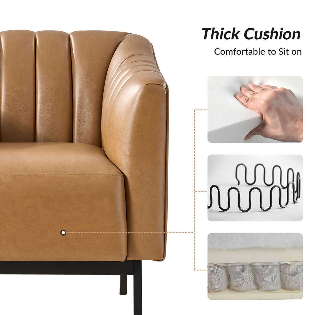 Fauteuil en similicuir à dossier capitonné vertical avec rembourrage en mousse et pieds en métal noir | Camel / Gris / Noir / Marron / Bleu marine | Siège individuel