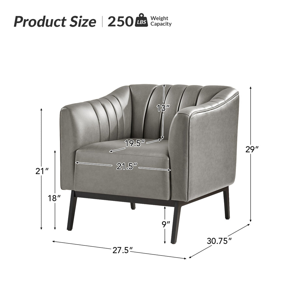Fauteuil en similicuir à dossier capitonné vertical avec rembourrage en mousse et pieds en métal noir | Camel / Gris / Noir / Marron / Bleu marine | Siège individuel
