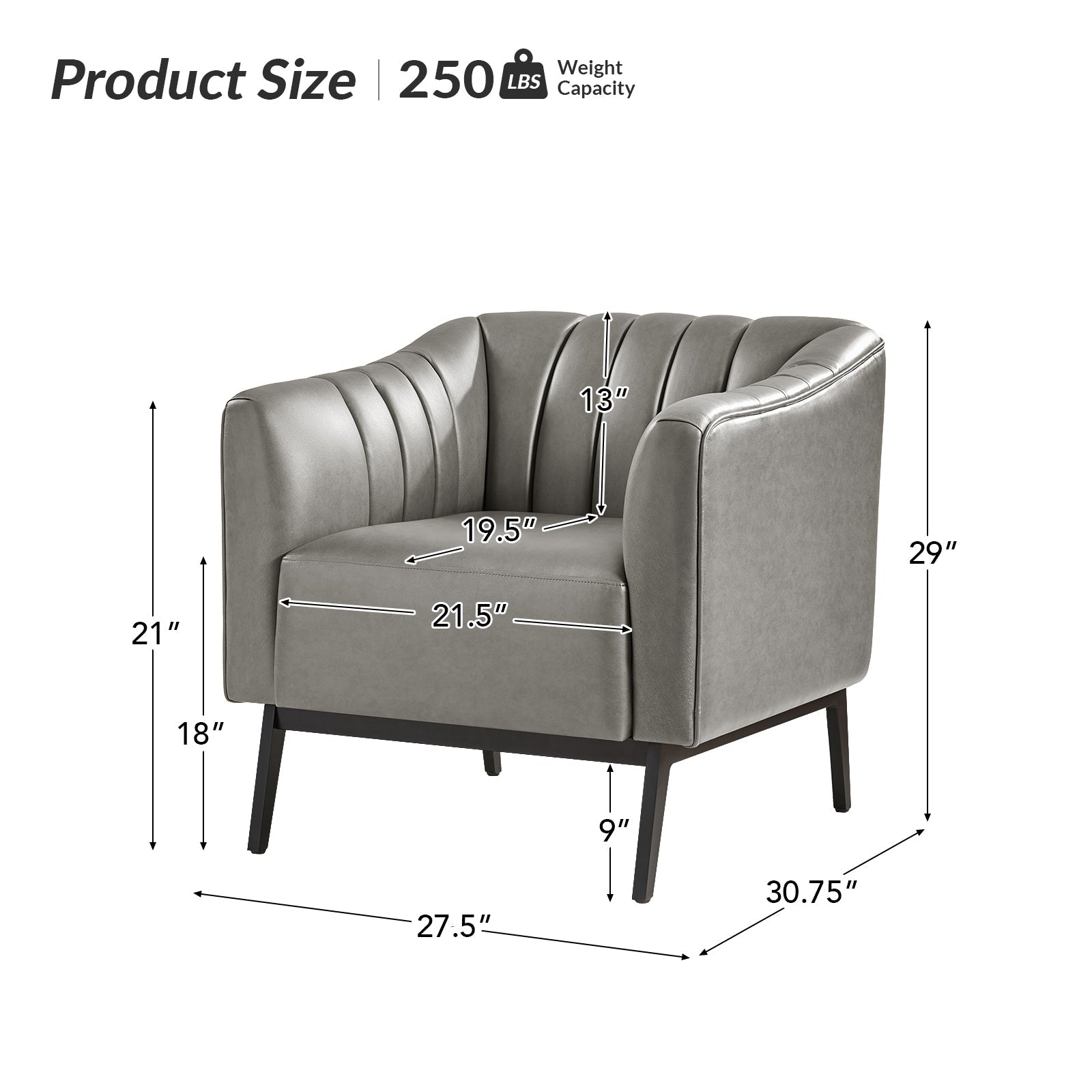 Fauteuil en similicuir à dossier capitonné vertical avec rembourrage en mousse et pieds en métal noir | Camel / Gris / Noir / Marron / Bleu marine | Siège individuel