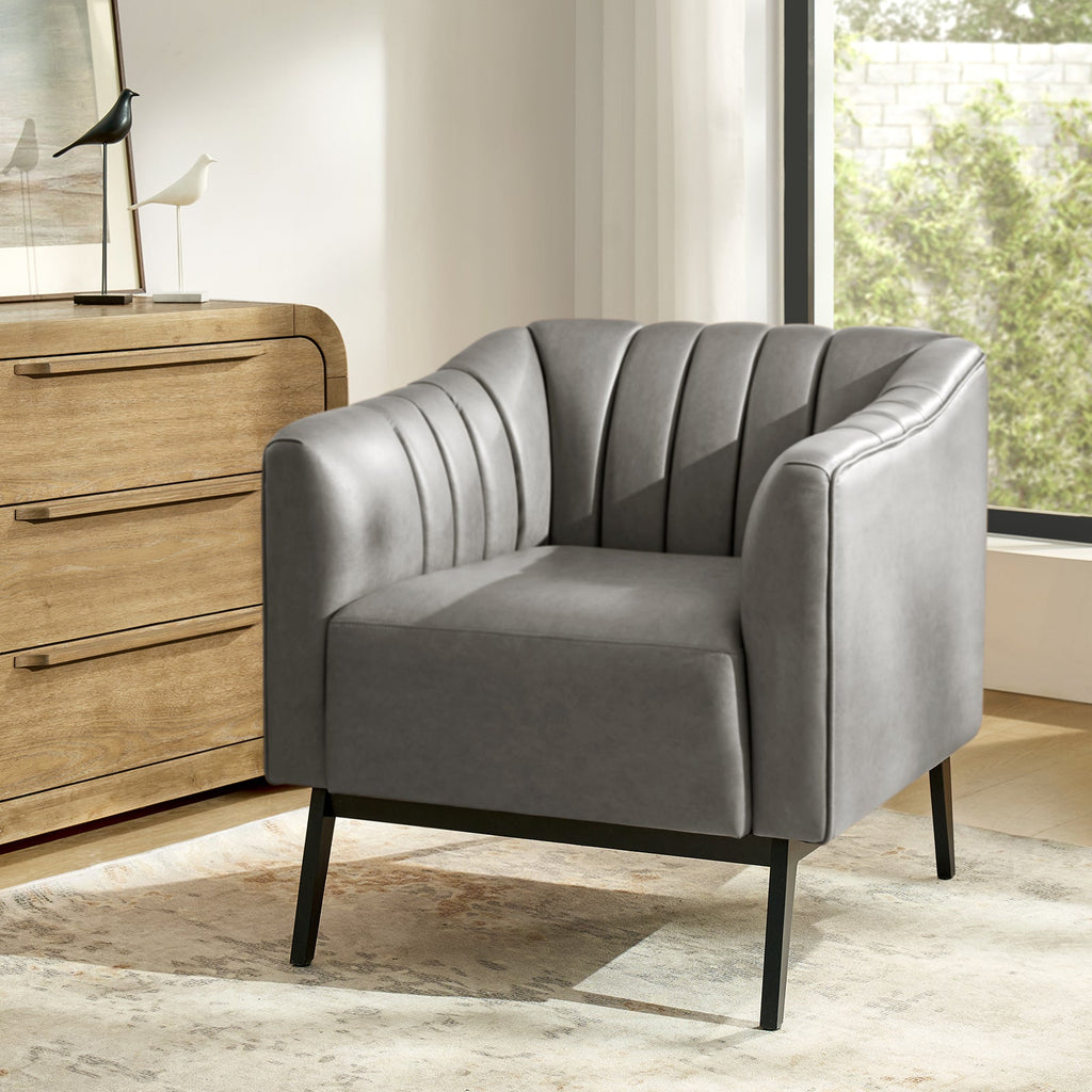 Fauteuil en similicuir à dossier capitonné vertical avec rembourrage en mousse et pieds en métal noir | Camel / Gris / Noir / Marron / Bleu marine | Siège individuel