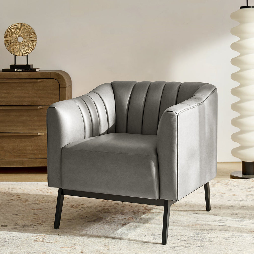 Fauteuil en similicuir à dossier capitonné vertical avec rembourrage en mousse et pieds en métal noir | Camel / Gris / Noir / Marron / Bleu marine | Siège individuel