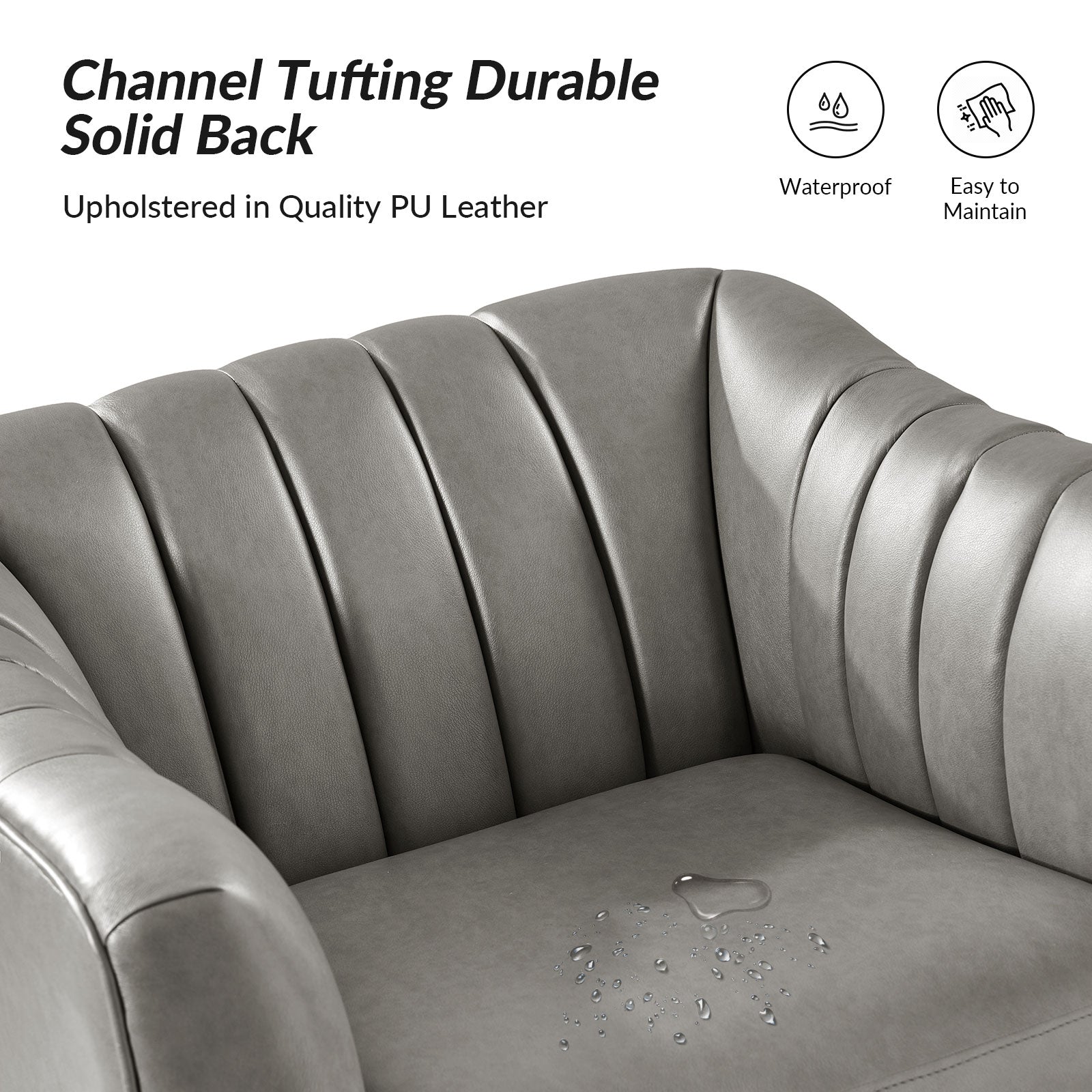 Fauteuil en similicuir à dossier capitonné vertical avec rembourrage en mousse et pieds en métal noir | Camel / Gris / Noir / Marron / Bleu marine | Siège individuel