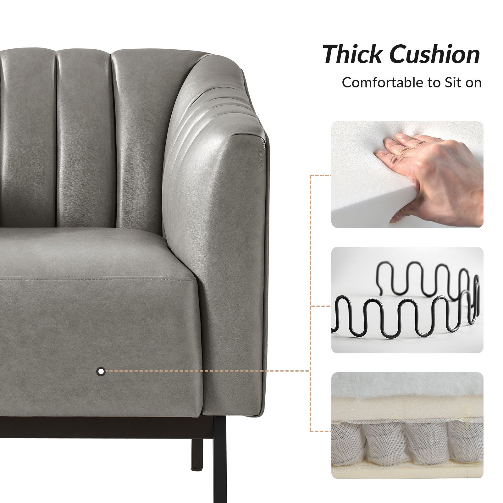 Fauteuil en similicuir à dossier capitonné vertical avec rembourrage en mousse et pieds en métal noir | Camel / Gris / Noir / Marron / Bleu marine | Siège individuel